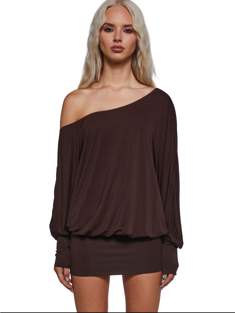 Dolls Kill Off-Shoulder Brown Long Sleeve Mini Dress
